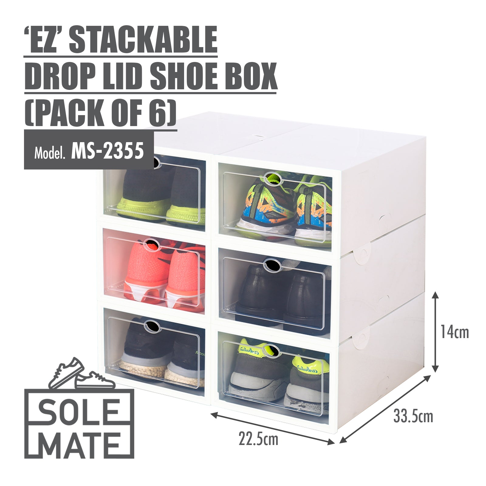 SoleMate - 'EZ' Stackable Drop Lid Shoe Box - Fits: Size 44 (Pack of 6)